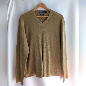 Polo Ralph Lauren Linen Tan V-Neck Knit Pullover Sweater - XL